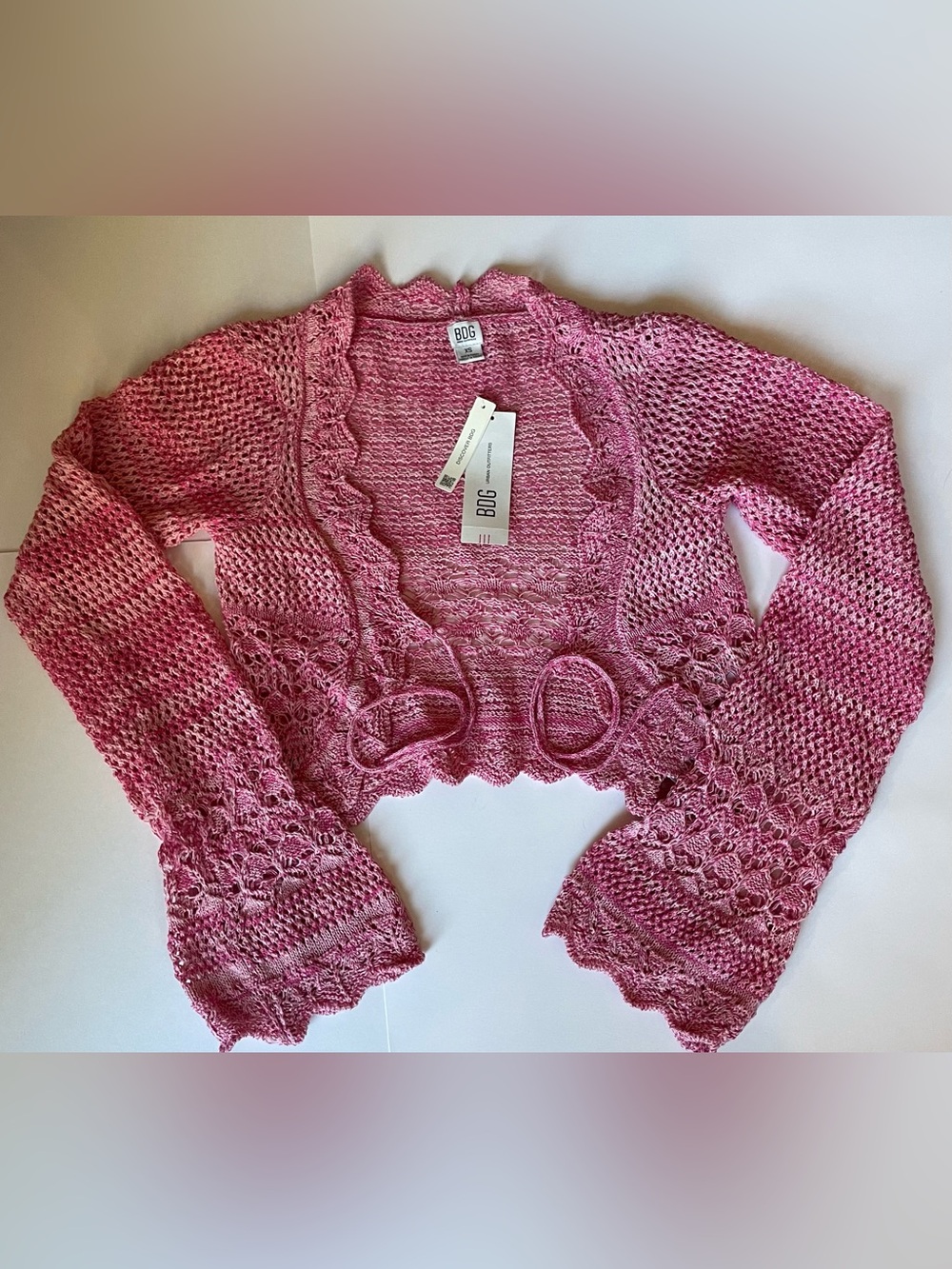 BDG Pink Crochet Open-Front Cropped Sweater